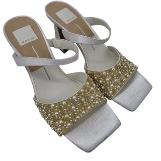 Photo of NWOT Dolce Vita White & Gold Nasia Rhinestone Pearl Slip On Sandal Heel Size 7.5