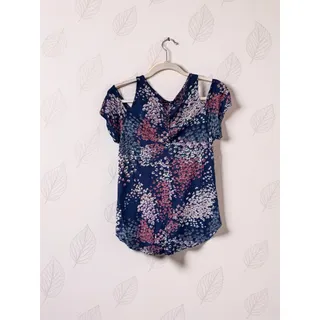 Photo of Lucky Brand Floral Cold Shoulder Top Womens Small Navy Blue Boho Short Sleeve