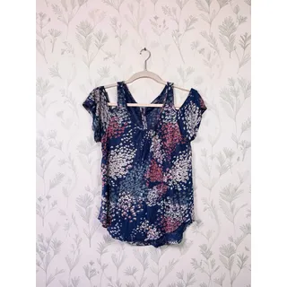 Photo of Lucky Brand Floral Cold Shoulder Top Womens Small Navy Blue Boho Short Sleeve
