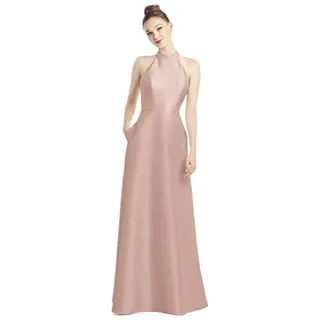 Photo of Alfred Sung Toasted Sugar High Neck Cutout Back Satin Pockets Maxi Dress Size 14