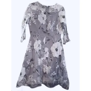 Photo of Ying@cai sheer gray floral dress Women's L lined zip back 3/4 sheer sleeves