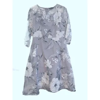 Photo of Ying@cai sheer gray floral dress Women's L lined zip back 3/4 sheer sleeves