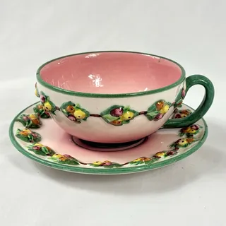 Photo of Vtg Italian Majolica Tea Cup & Saucer Pink Fruit Relief Pears Berries Italy 5233