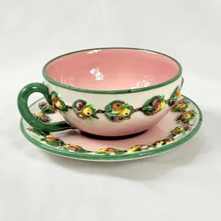 Photo of Vtg Italian Majolica Tea Cup & Saucer Pink Fruit Relief Pears Berries Italy 5233