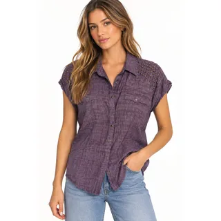 Photo of a.n.a. Purple Studded Shoulder Button Front Blouse EUC Size Medium