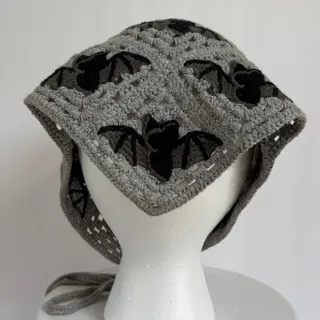 Photo of Goth Bat Crochet Bandana Head Scarf Gray Black Halloween Witchy Grunge Hair Wrap