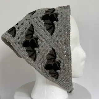 Photo of Goth Bat Crochet Bandana Head Scarf Gray Black Halloween Witchy Grunge Hair Wrap