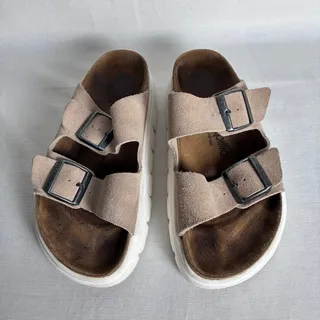 Photo of Papillio Birkenstock Arizona Chunky Platform Suede Sandals Taupe Beige Size 38/7