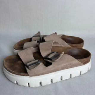 Photo of Papillio Birkenstock Arizona Chunky Platform Suede Sandals Taupe Beige Size 38/7