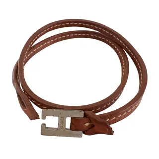 Photo of Hermes Tillet Leather Double Wrap Bracelet (Brown w White Stitching)