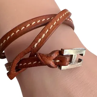 Photo of Hermes Tillet Leather Double Wrap Bracelet (Brown w White Stitching)