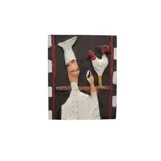 Photo of 3D chef Italian or French chef posing alongside a rooster 1.5” x 2” approx.