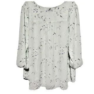 Photo of Kaari Blue Light Blue Black Abstract Floral Keyhole Neck Blouse 3/4 Sleeve 3XL