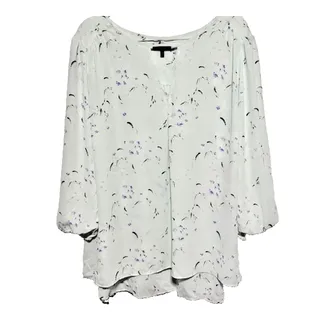 Photo of Kaari Blue Light Blue Black Abstract Floral Keyhole Neck Blouse 3/4 Sleeve 3XL