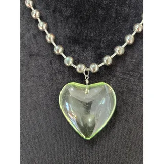 Photo of Silver Tone Beaded Heart Pendant Necklace Green Iridescent Heart