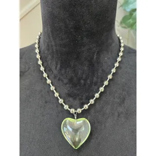 Photo of Silver Tone Beaded Heart Pendant Necklace Green Iridescent Heart