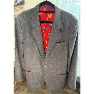 Photo of Vintage 44 Gray Herringbone Tweed Jacket Bold Red Art Lining Victor the Tailor