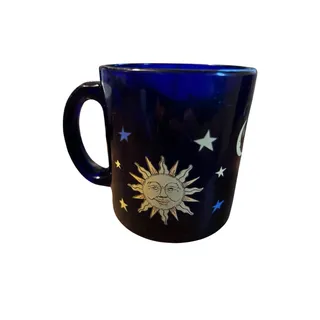 Photo of Vintage 90s Libbey Cobalt Blue Celestial Sun Moon & Stars Glass Mug USA