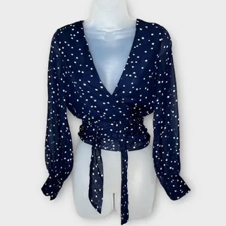 Photo of NWT LIONESS Twilight Star Wrap Top Navy White Celestial Long Sleeve Blouse XS