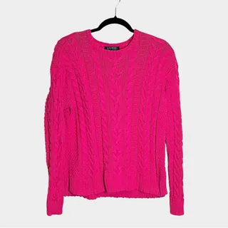 Photo of LAUREN RALPH LAUREN Fuchsia Pink Cotton Cable Knit Preppy Sweater Size Medium