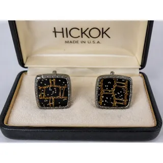 Photo of Vintage HICKOK USA Black Gold Enamel Silver Tone Abstract Cufflinks Mid Century