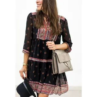 Photo of Joie Alpina Silk Black Red Paisley Floral Tie Neck Mini Dress Long Sleeve Slip M