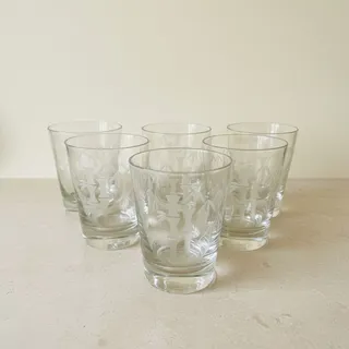 Photo of Vintage Sasaki Noritake Bamboo Etched Rocks Glasses Set 6-MCM-Japan-Barware
