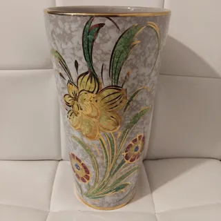 Photo of Vintage Hand Painted & Gilted Floral Signed Art Pottery White 11.5" Ceramic Vase
