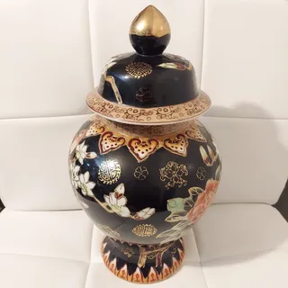 Photo of Vintage Chinese "Birds & Flowers" Black Cloisonné 14" Lidded Porcelain Art Vase