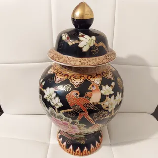 Photo of Vintage Chinese "Birds & Flowers" Black Cloisonné 14" Lidded Porcelain Art Vase