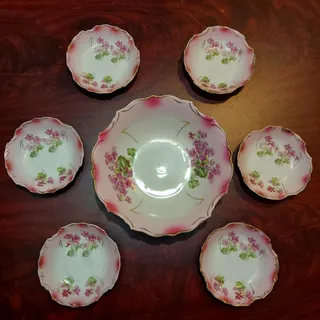 Photo of Antique Hand Painted Pink & Gold Floral 9" Fruit Salad Bowl & 5" Plates Set