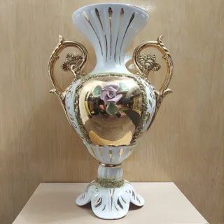 Photo of Mid Century Ornate 15" White and Gold with Rose Fine Porcelain Art Vase