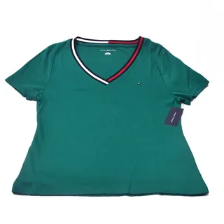 Photo of Tommy Hilfiger Women’s Large Green V-Neck T-Shirt Flag Logo Stripe NWT