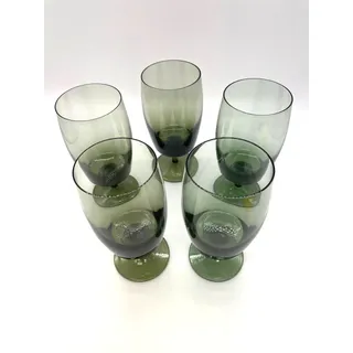 Photo of Vintage MCM Gorham Crystal Accent Set of 5 Green Water Wine Goblets Glasses 6.5"