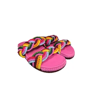 Photo of Valentino Garavani Rockstud Torchon Multicolor Braided Slide Sandals Pink