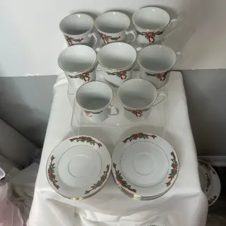 Photo of Poinsettia & Ribbons Christmas China 8 Cups 8 Saucers 16 Pc Set Gold Trim