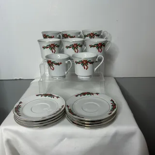Photo of Poinsettia & Ribbons Christmas China 8 Cups 8 Saucers 16 Pc Set Gold Trim