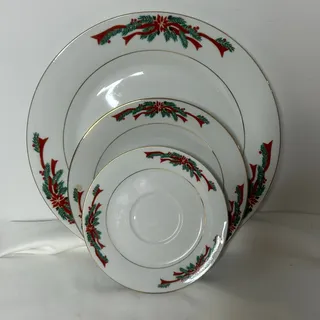 Photo of Poinsettia & Ribbons Christmas Fine China 16 Pc Dinner Salad Plates Gold Trim