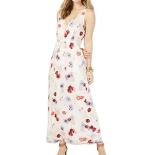 Photo of Lucky Brand Ivory Red Blue Floral Sleeveless Tie Waist V-Neck Maxi Dress size S
