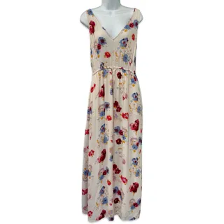 Photo of Lucky Brand Ivory Red Blue Floral Sleeveless Tie Waist V-Neck Maxi Dress size S