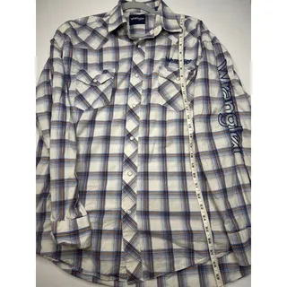 Photo of Wrangler Mens Blue Orange Plaid Western Pearl Snap Shirt Sleeve Logo Long Sleeve