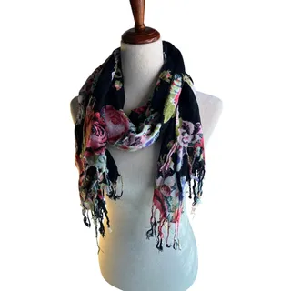 Photo of Black Floral Rose Print Fringe Scarf Boho Romantic Wrap