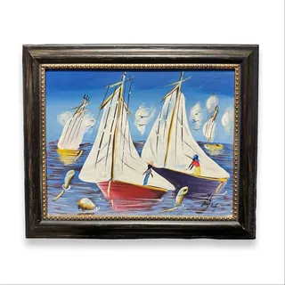 Photo of Vintage Signed Sailboat Painting Nautical Coastal Folk Art Framed 19.5x16.5