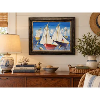 Photo of Vintage Signed Sailboat Painting Nautical Coastal Folk Art Framed 19.5x16.5