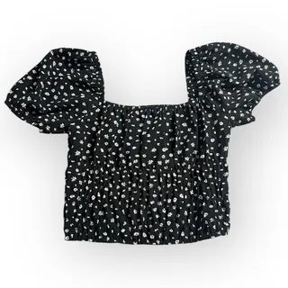 Photo of Elodie Crop Top Women Small Black White Floral Puff Sleeve Square Neck Smocked
