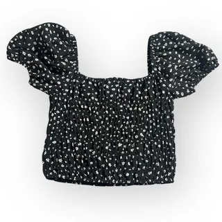 Photo of Elodie Crop Top Women Small Black White Floral Puff Sleeve Square Neck Smocked