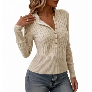 Photo of Cable Knit Sweater Button Cropped Long Sleeve Pullover
