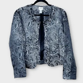Photo of CHICO’S Black Silver Paisley Jacquard Embellished Blazer Jacket Size 8 Holiday