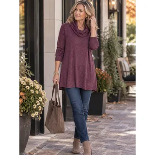 Photo of J. JILL Purple Speckled Cowl Neck Tunic Sweater Size XS Cotton Silk Blend