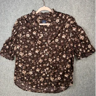 Photo of Gap Brown Floral Ruffle Neck Puff 1/4 Sleeve Button Blouse 100% Cotton Med NWOT
